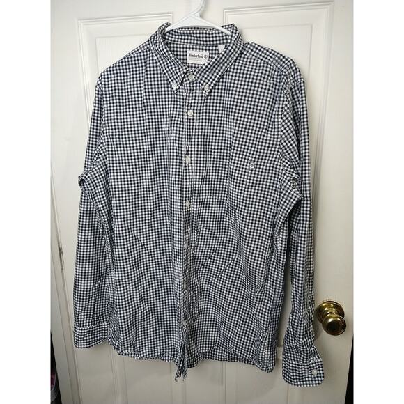 Timberland Men's L Shirt Navy Blue Gingham Long Sleeve Button Pocket Office... - Picture 1 of 9
